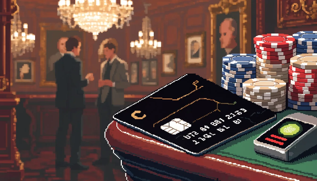 Premium credit card on green felt gaming table in an elegant British casino interior.