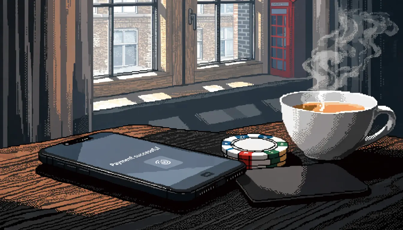 Smartphone with payment confirmation next to casino chips and e-wallet card on a London table.
