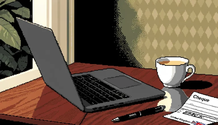 Laptop on a desk with a UK cheque beside a teacup