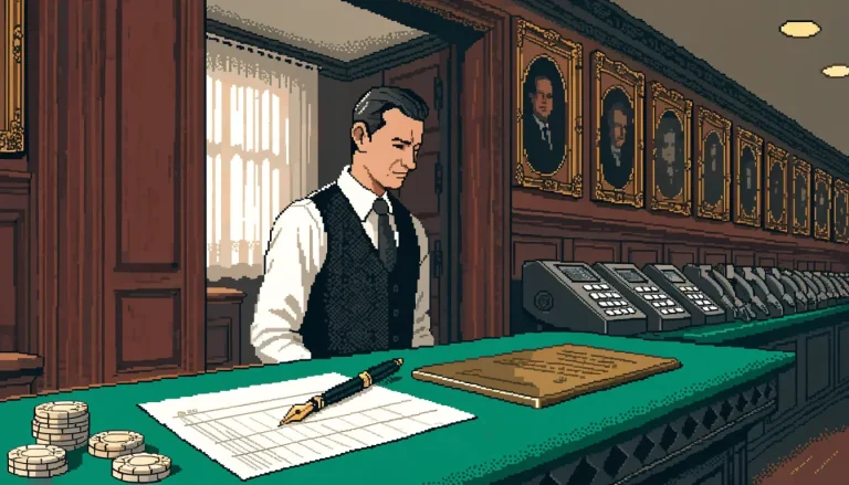 British casino cashier desk with cheque, pen and chips