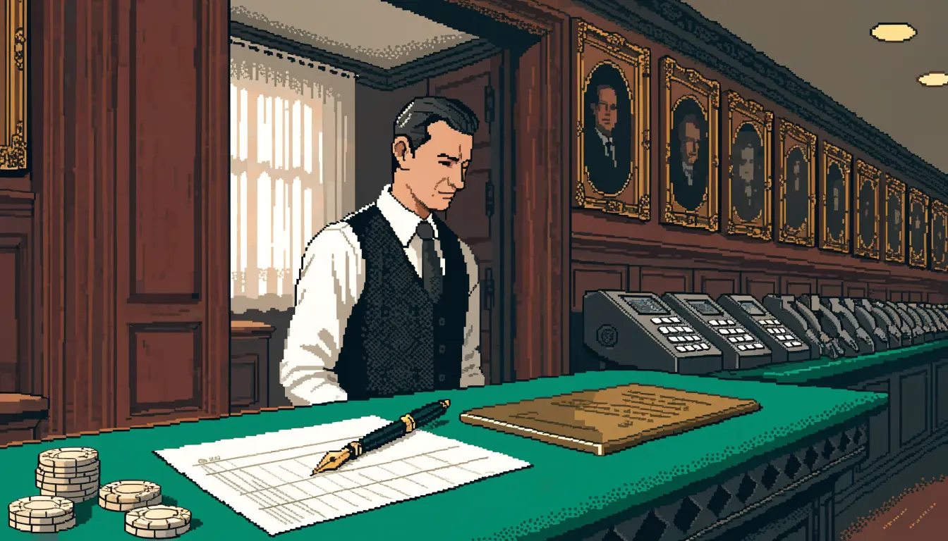 British casino cashier desk with cheque, pen and chips