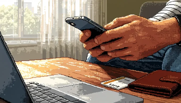Hands with smartphone and bank card at a home office desk