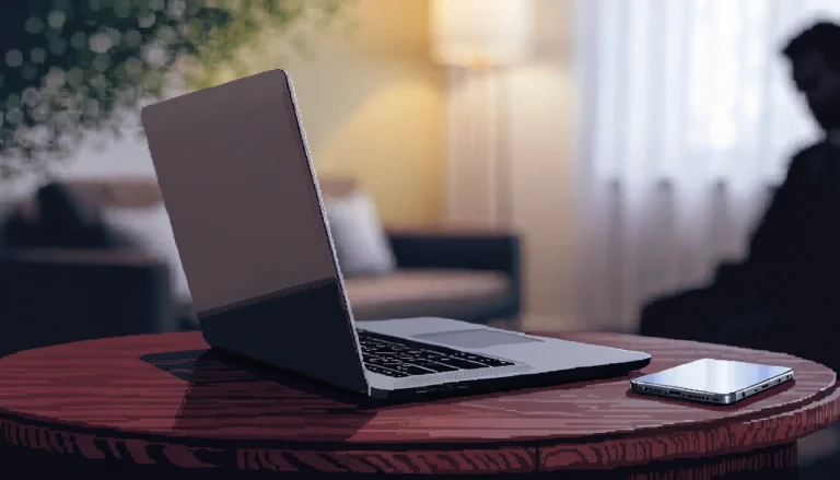 Laptop and smartphone on a desk, screens turned away, in a calm UK home interior.