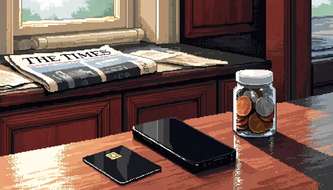 Payment card and phone on a kitchen counter with UK newspaper.