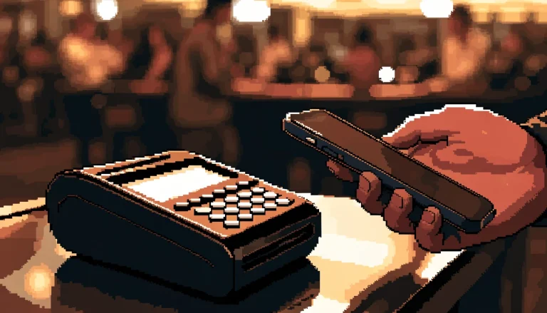 Payment terminal on a casino cashier counter with smartphone nearby