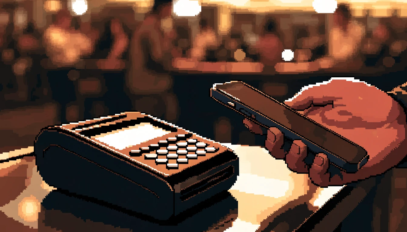 Payment terminal on a casino cashier counter with smartphone nearby