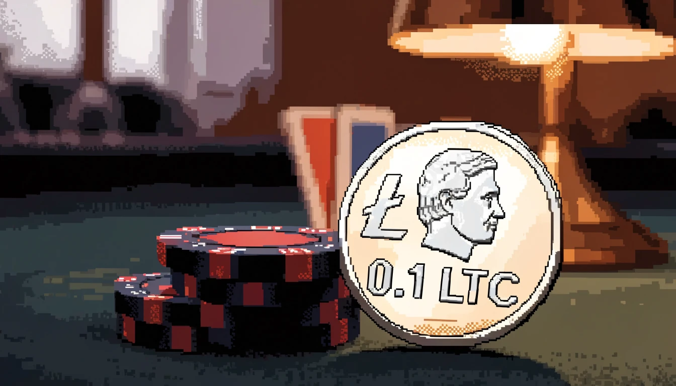 Litecoin coin and casino chips on a felt table in a British gaming lounge.