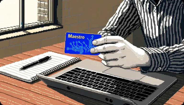Hand holding a Maestro debit card over a laptop on a desk, checking payment availability.
