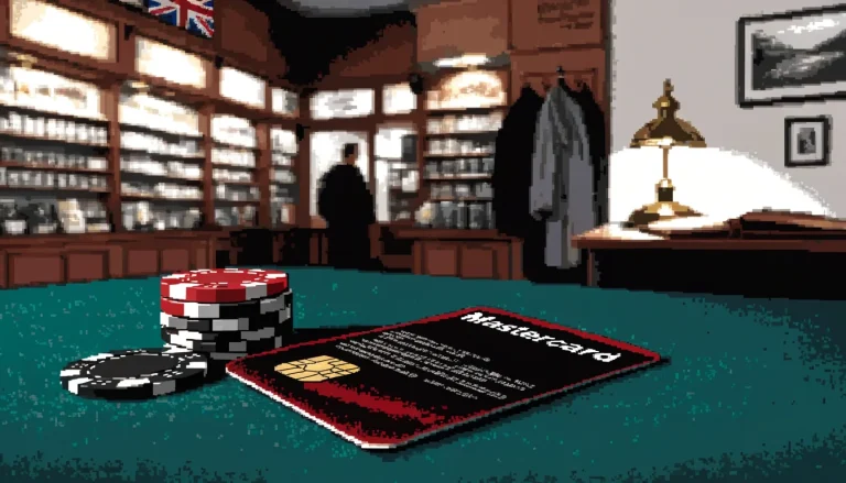 Mastercard debit card on green felt with poker chips in a UK bookmaker interior.