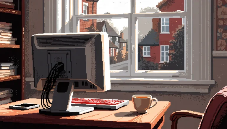 Desk scene with a turned-away computer monitor and smartphone, UK home office