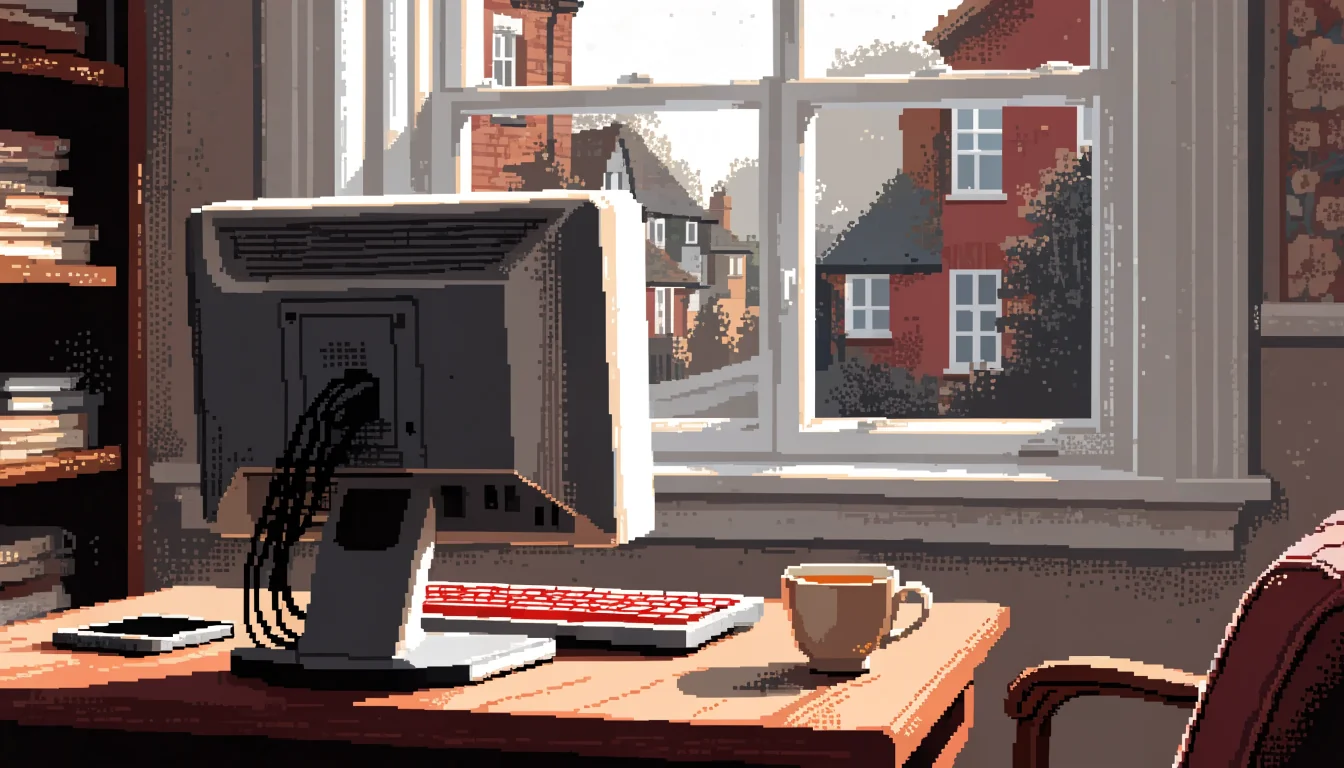 Desk scene with a turned-away computer monitor and smartphone, UK home office