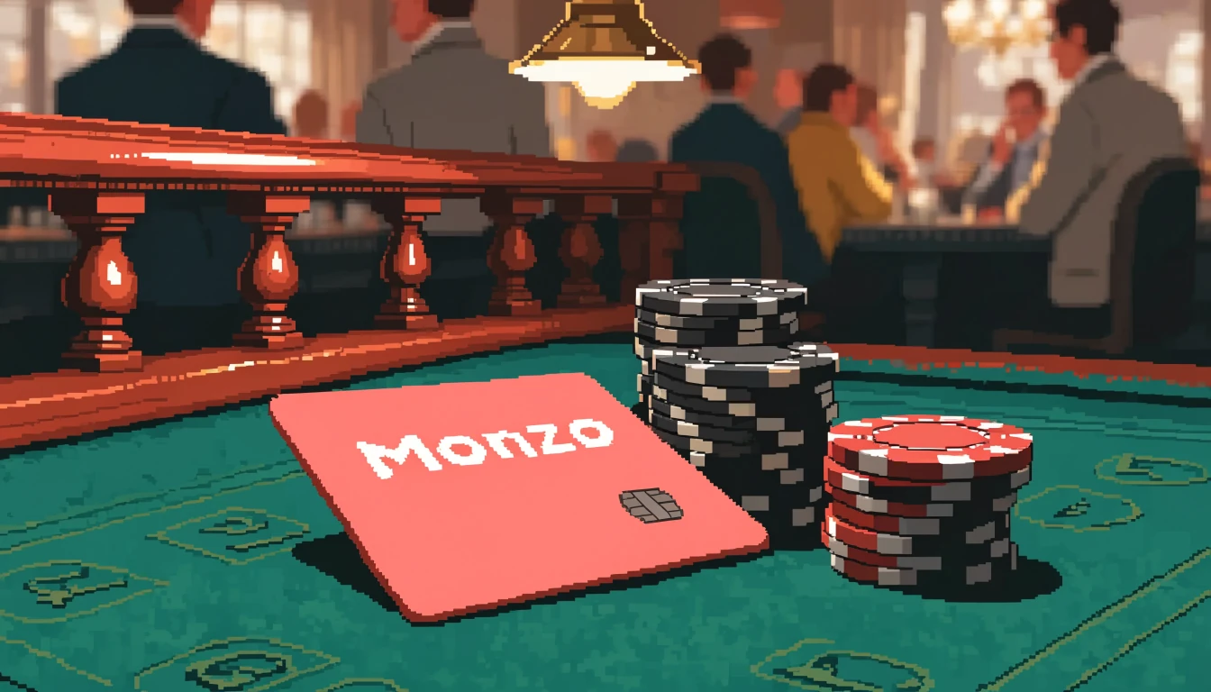 Monzo debit card resting on a casino card table.