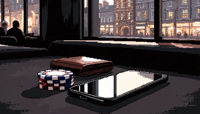 Smartphone on a casino table with chips, UK high-street background.