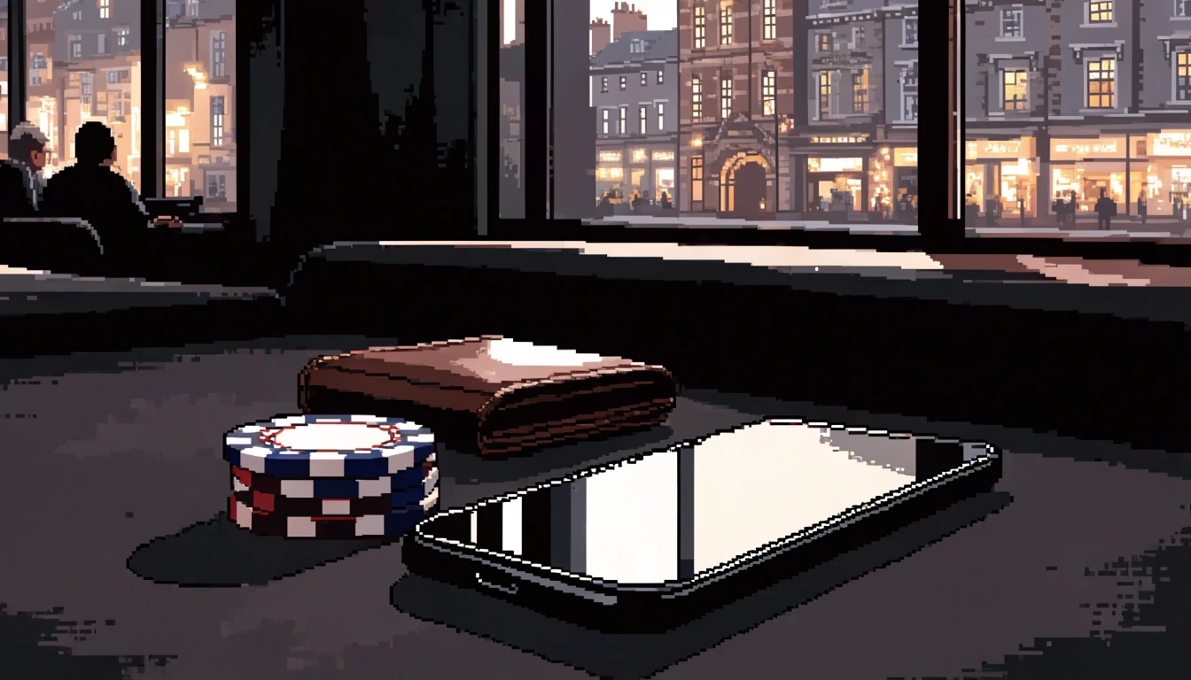 Smartphone on a casino table with chips, UK high-street background.