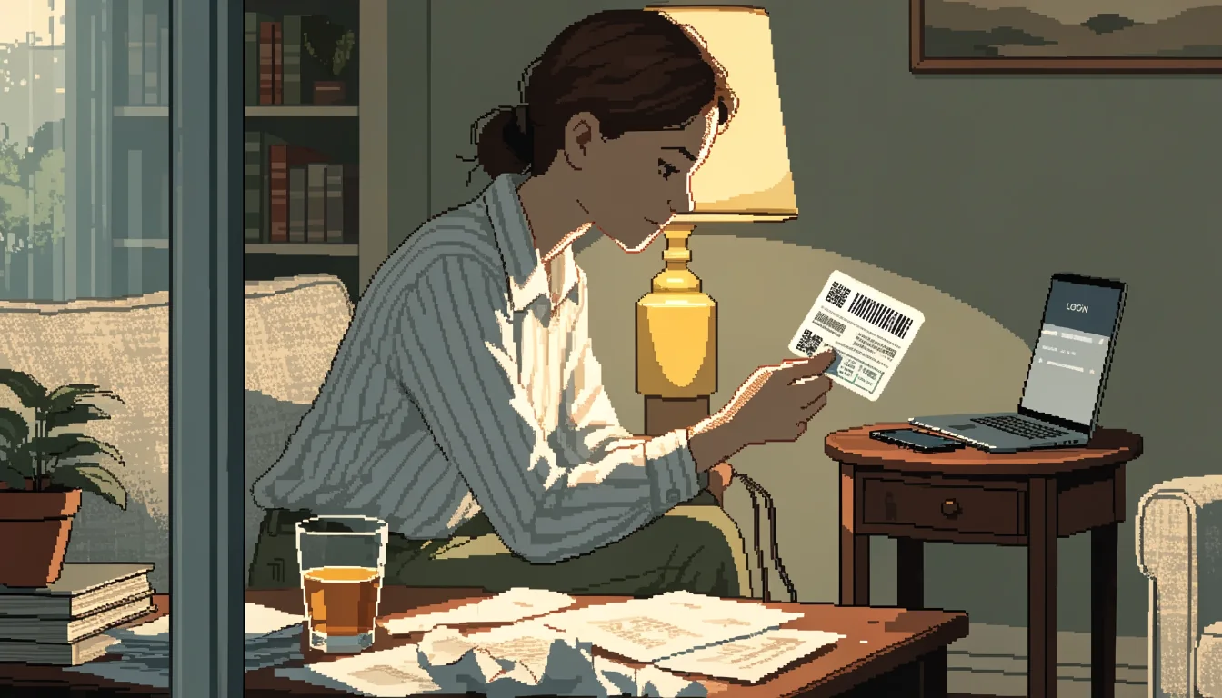 Person at home desk checking a prepaid voucher on a smartphone next to a laptop.