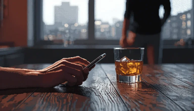Smartphone on wooden table with whisky glass and London skyline view