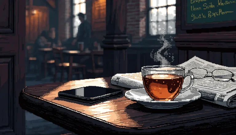 Smartphone on a pub table with tea and reading glasses, British pub interior