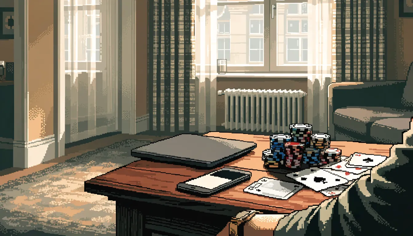 UK desk scene with casino chips, playing cards, smartphone, and bank card