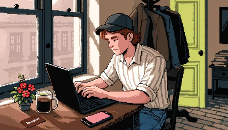 UK player at a desk with a laptop and Revolut card, screen turned away.