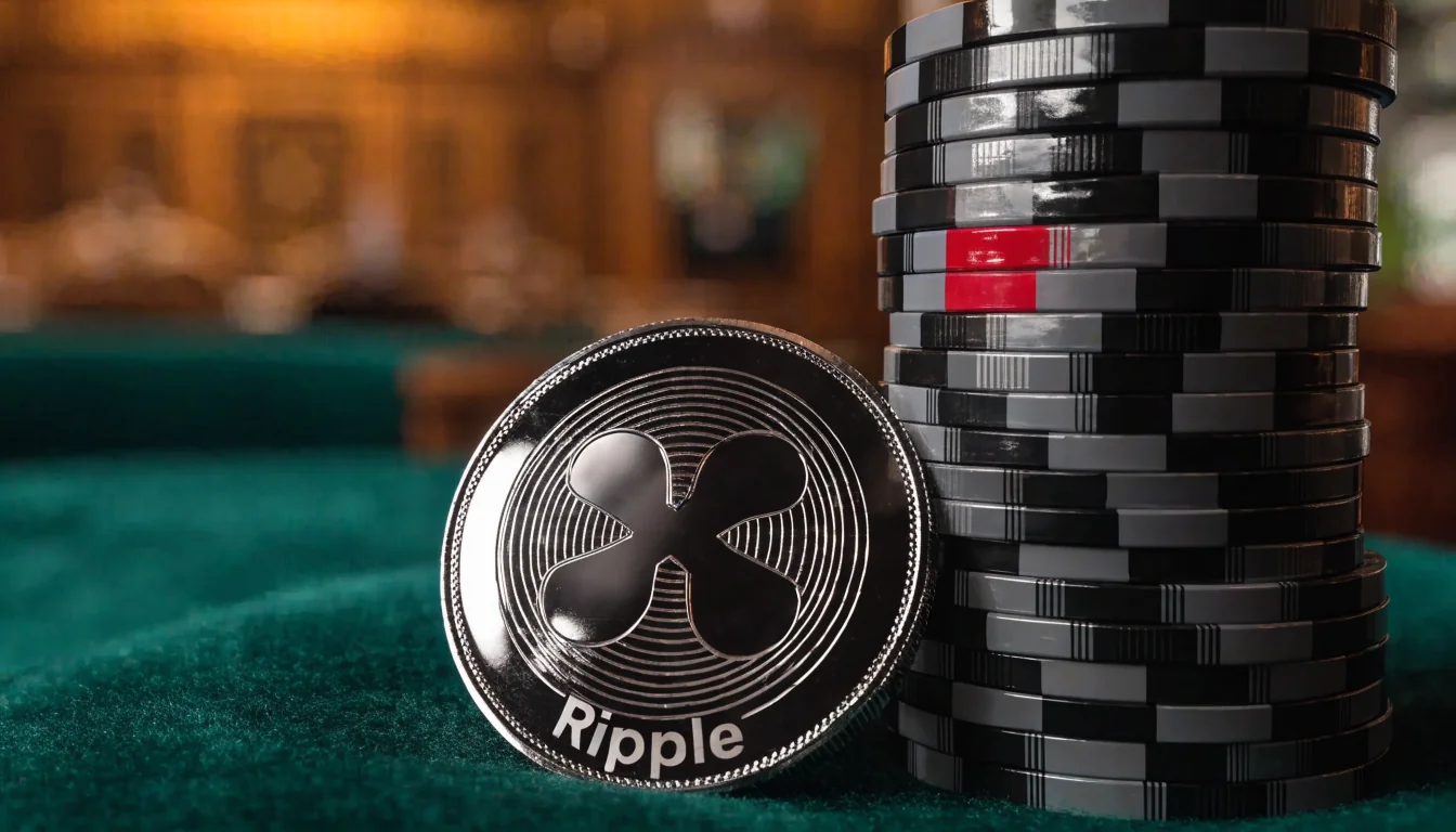 Ripple XRP coin on green felt with poker chips, suggesting a UK casino cashier counter.