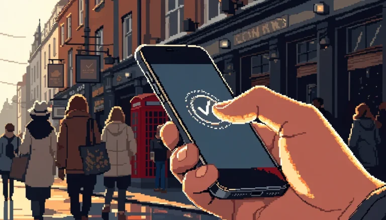 Hand holding a smartphone paying via mobile on a London street with a British pub in the background.