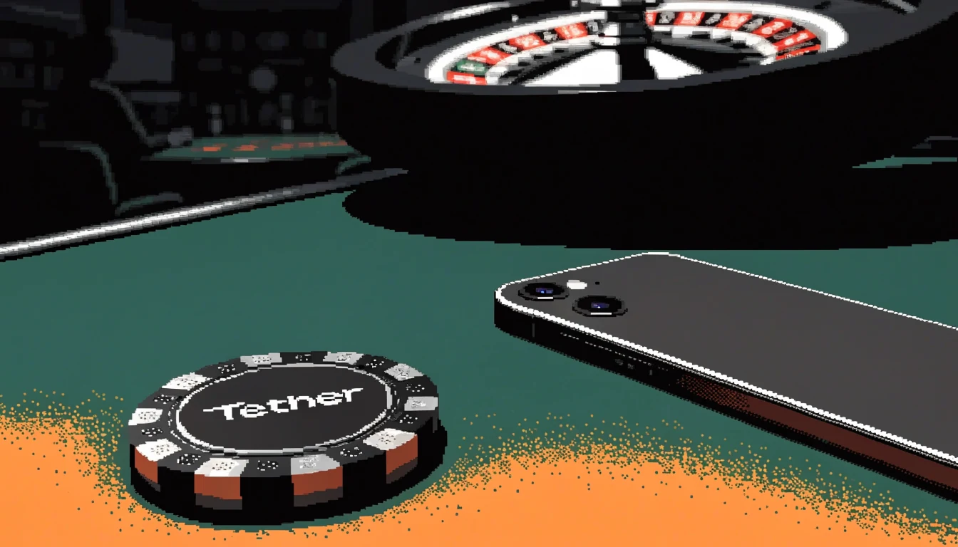 Tether-themed casino chip on a green felt table with a smartphone nearby in a modern UK gaming lounge.