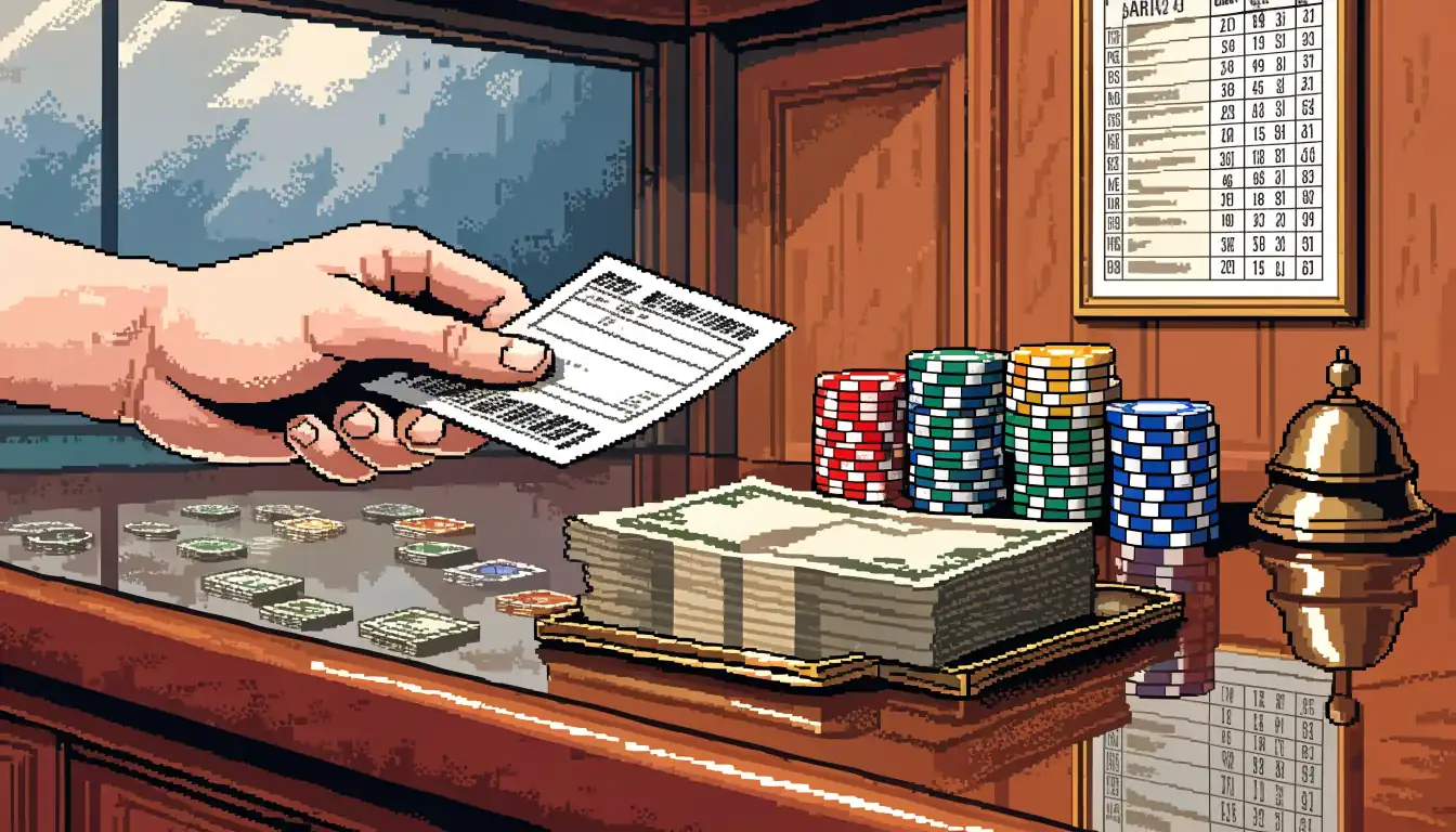 Hand presenting a payment voucher at a UK casino cashier counter with pound notes and poker chips