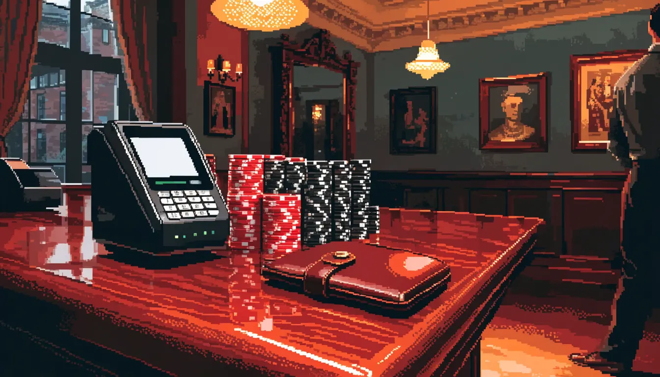 Casino cashier counter with card payment terminal and stacked chips under warm lighting