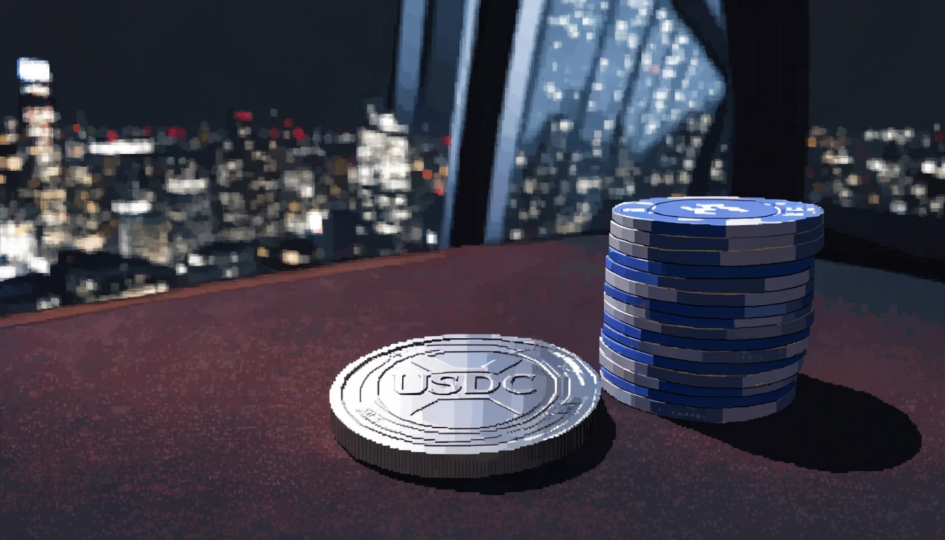 USDC coin on casino table with chips and blurred London skyline