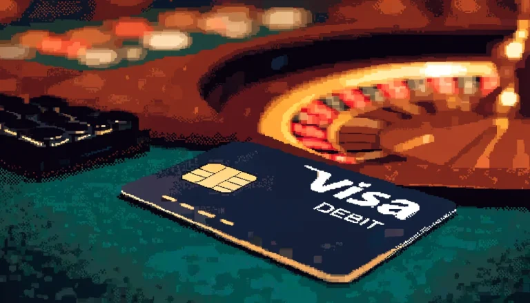 Visa debit card on casino table with chips and roulette wheel