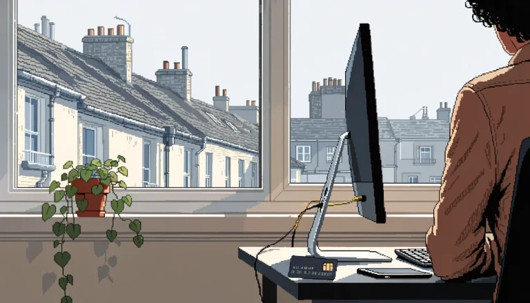 Desktop computer on a desk in a London home with a bank card and phone