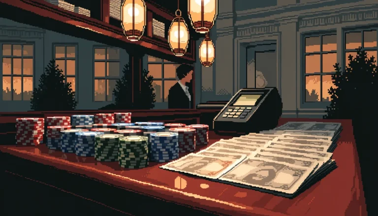 UK casino cashier booth with chips and banknotes at night