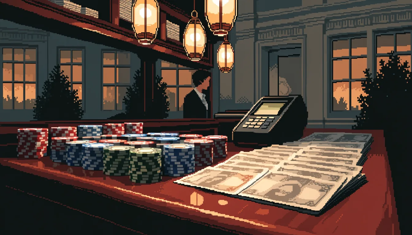 UK casino cashier booth with chips and banknotes at night