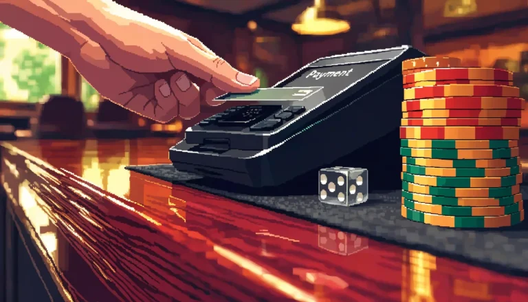Contactless payment terminal on a casino bar counter with chips and a bank card