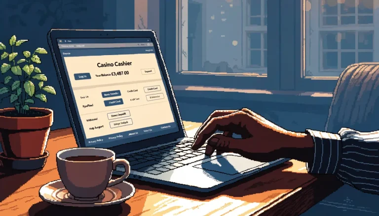 Laptop on a desk showing a casino cashier page in a London apartment
