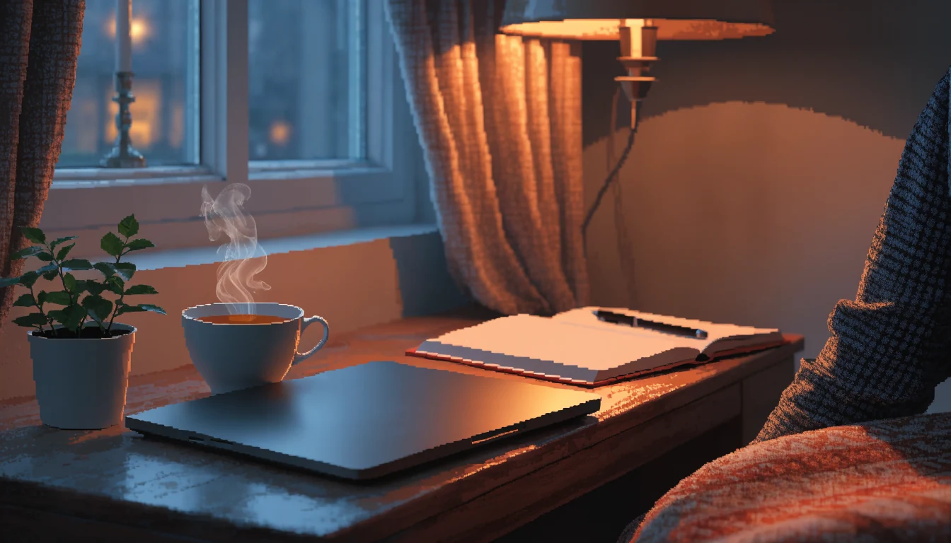 Closed laptop on a wooden desk with a cup of tea in a warm-lit British home study at dusk.