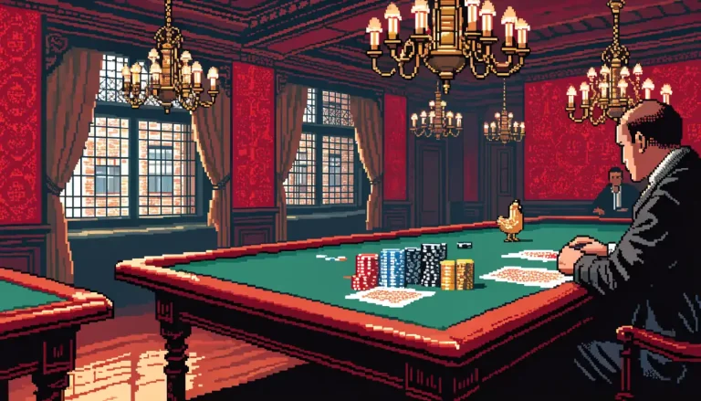 British casino interior with gaming table, chips, and a golden chicken figurine under warm lights.
