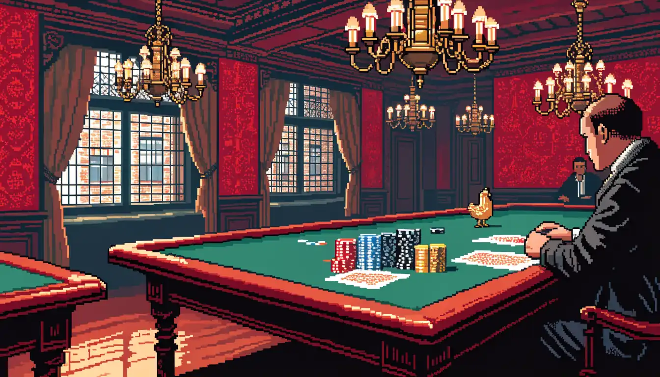 British casino interior with gaming table, chips, and a golden chicken figurine under warm lights.