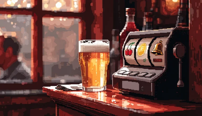 Classic fruit machine on a British pub shelf with warm lighting