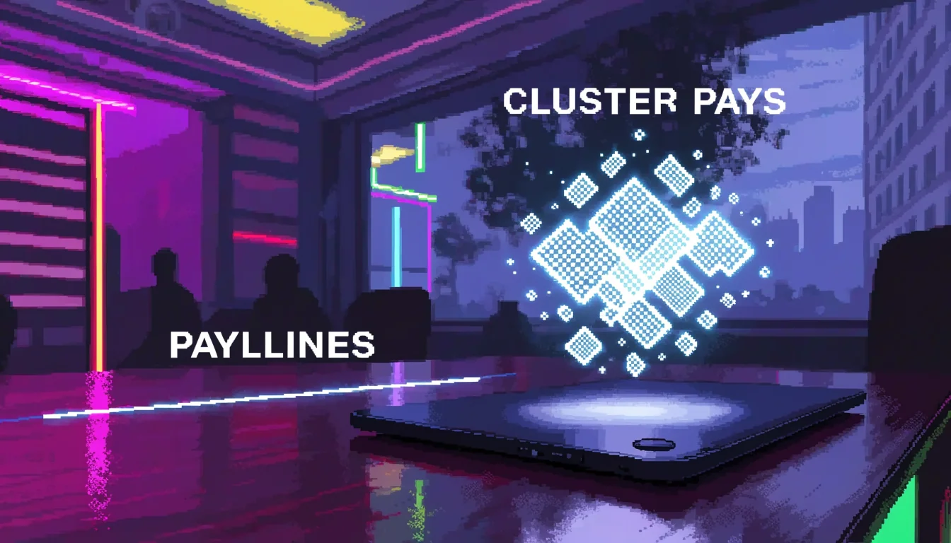 UK casino lounge scene contrasting cluster pays with payline slots