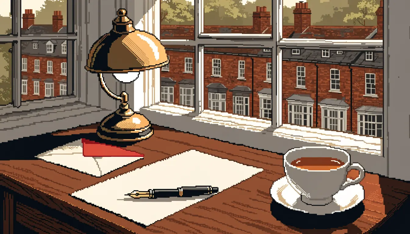 Wooden desk with fountain pen, letter paper, envelope, and brass lamp in warm window light