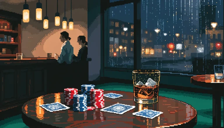 UK casino lounge with chips, cards, and whisky on a wooden table at night