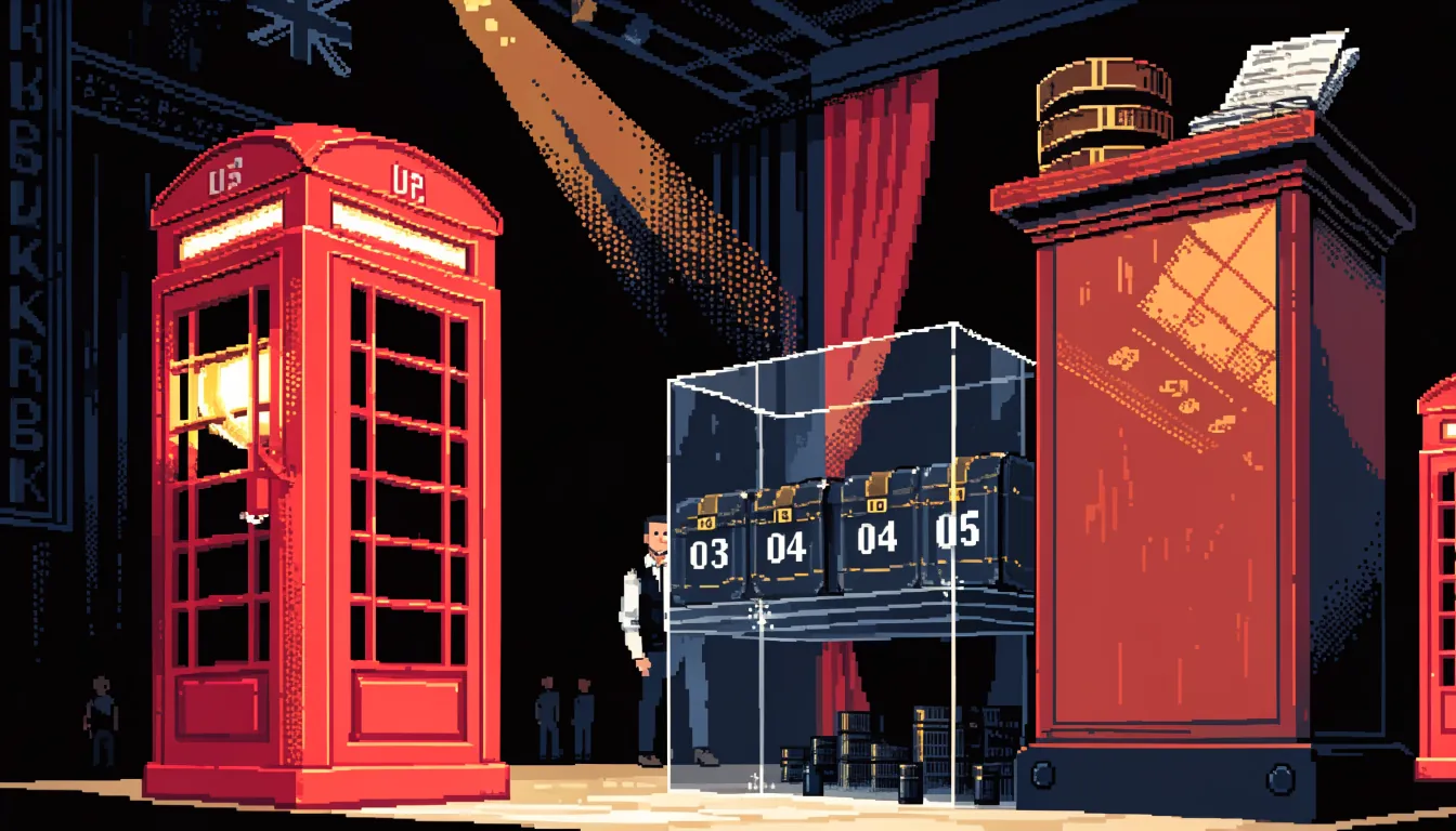 British casino studio with red telephone box and numbered briefcases