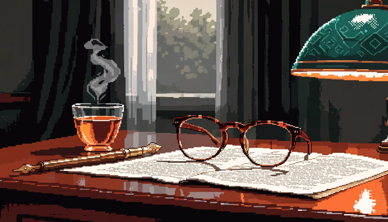 Reading glasses on a legal document beside a teacup on a wooden desk
