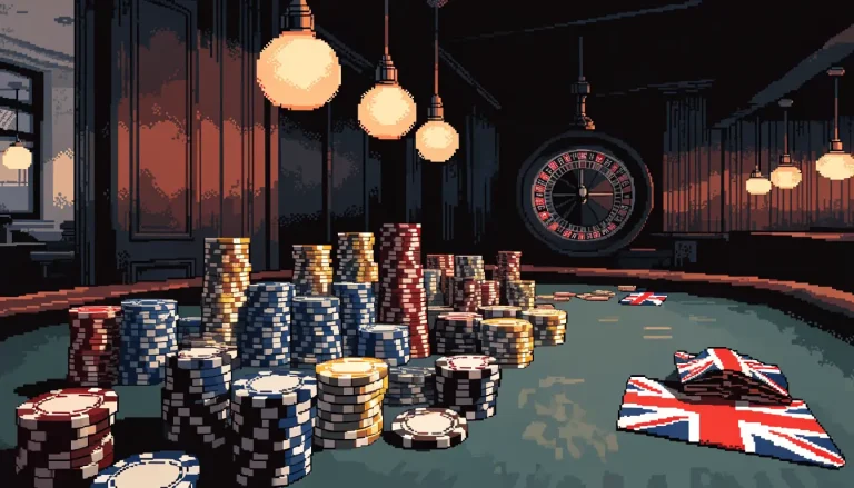 British casino lounge interior with roulette wheel, chip stacks, and warm pendant lighting.