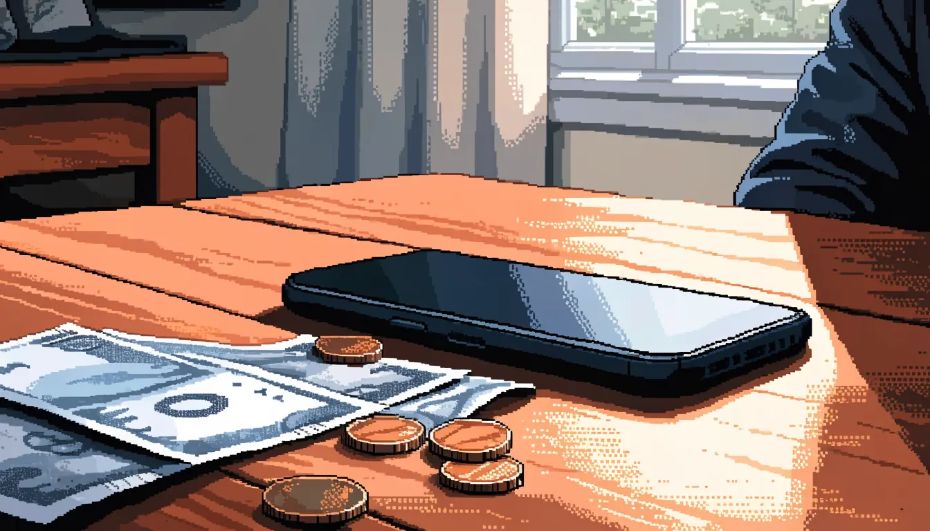 Smartphone next to British pound notes on a table
