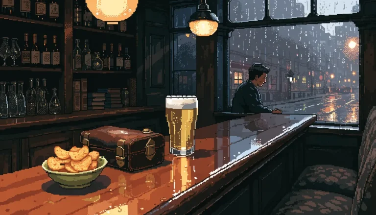 Warmly lit British pub interior with pint of ale and decorative gaming chips under pendant light at evening.