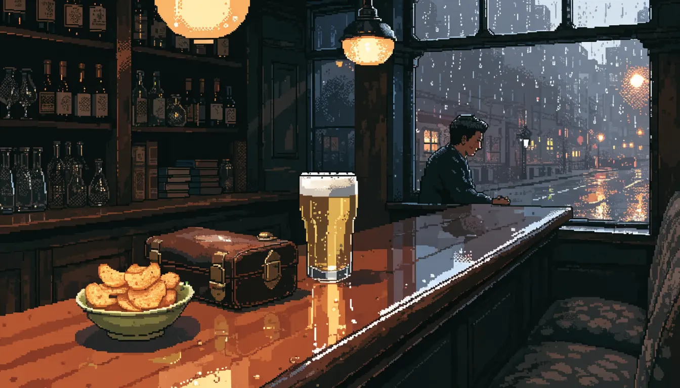 Warmly lit British pub interior with pint of ale and decorative gaming chips under pendant light at evening.
