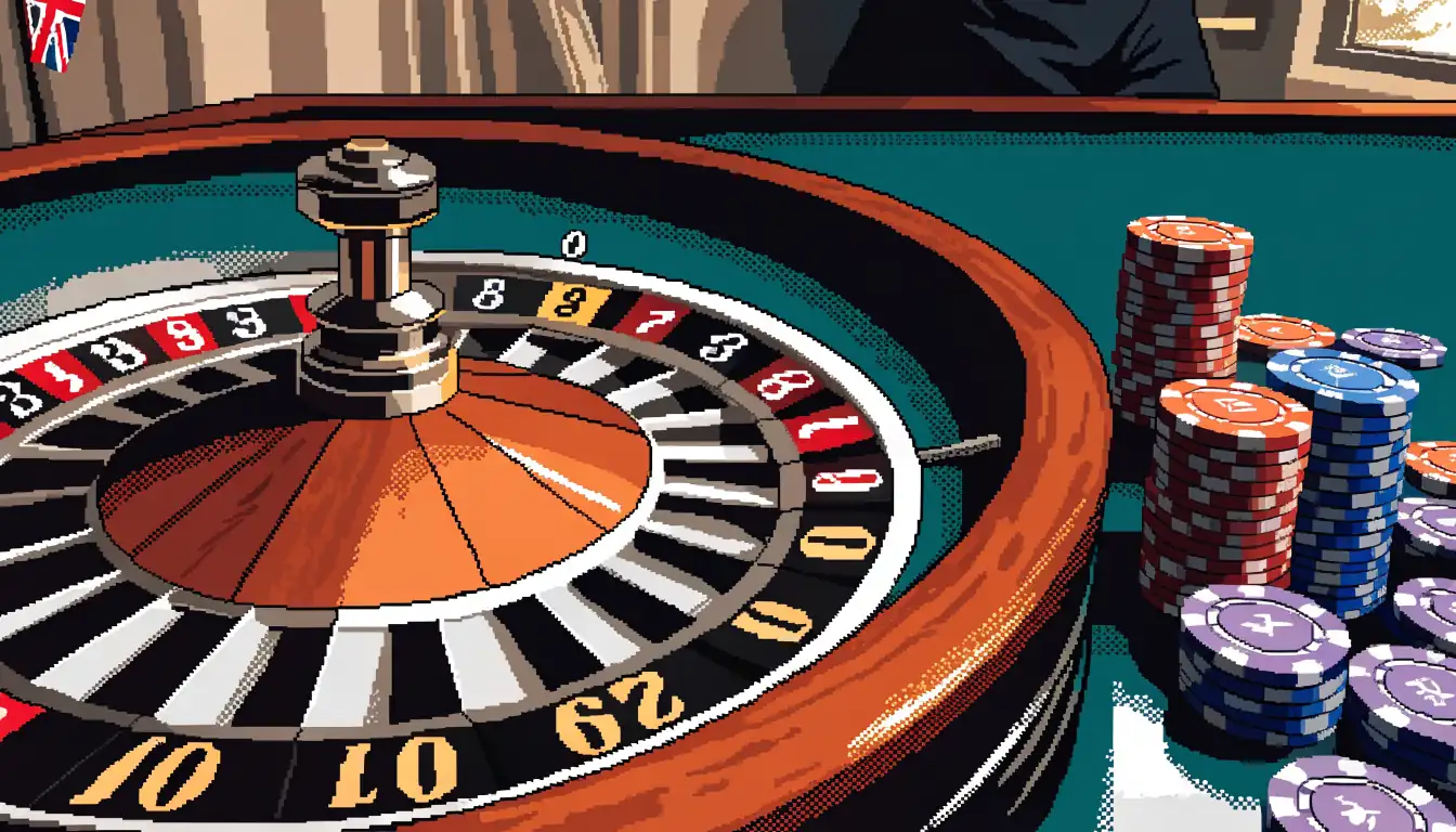 French roulette wheel with highlighted zero pocket, chips on green table, UK setting.