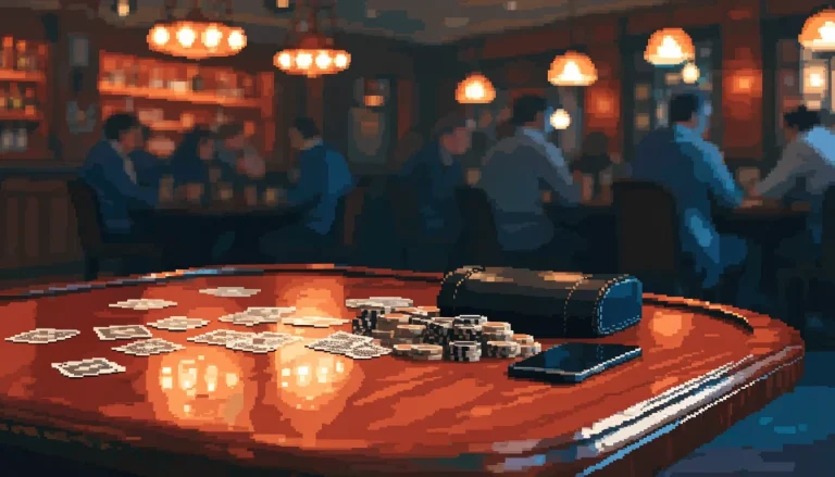 UK casino table with cards, chips, and a face-down smartphone under warm lighting.